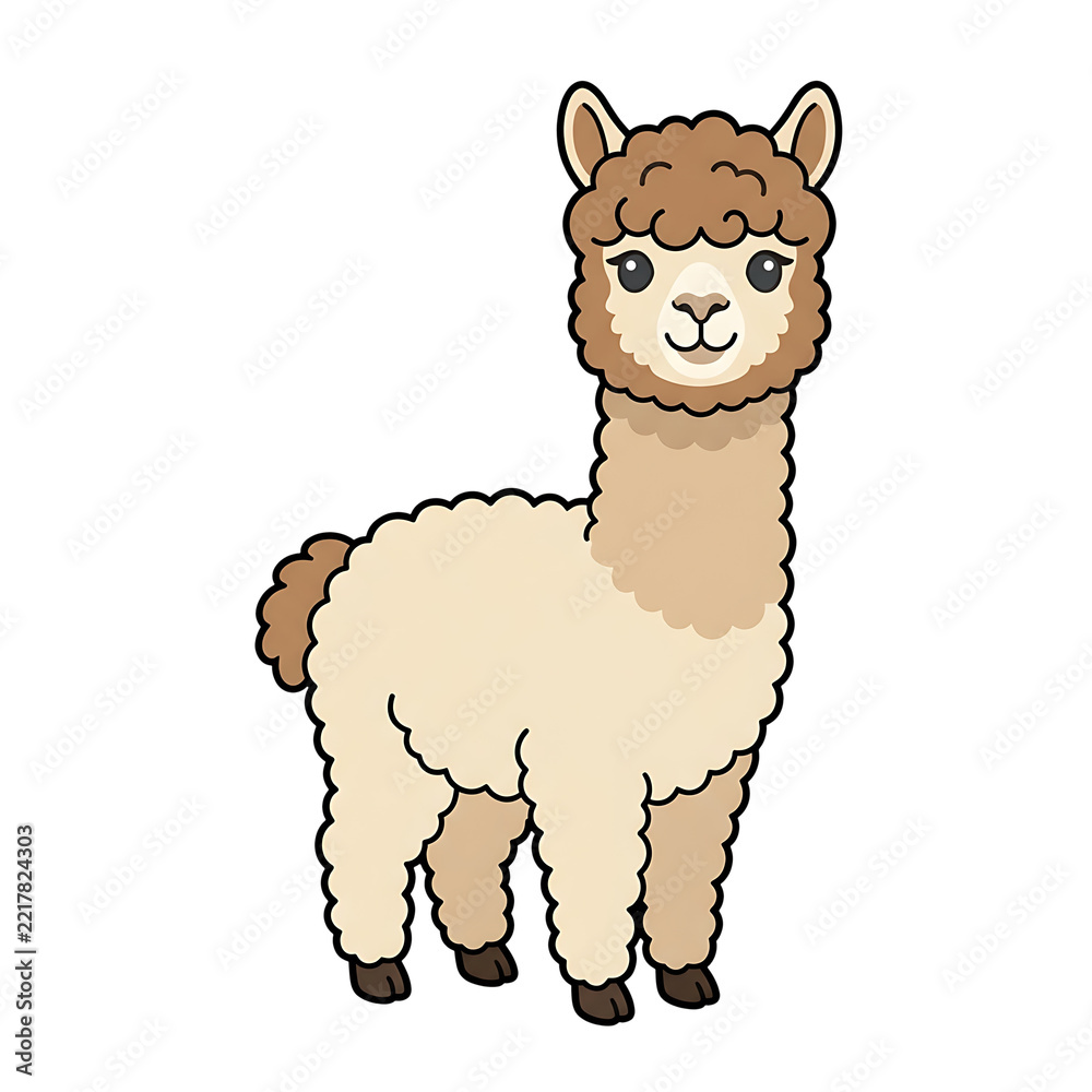 Fototapeta premium Cute Baby Alpaca Illustration with Fluffy Fleece and Black Outline