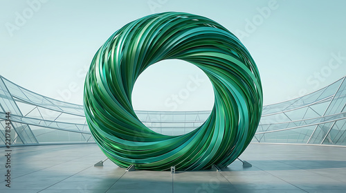 Abstract green circular sculpture in modern architectural space with bright sky