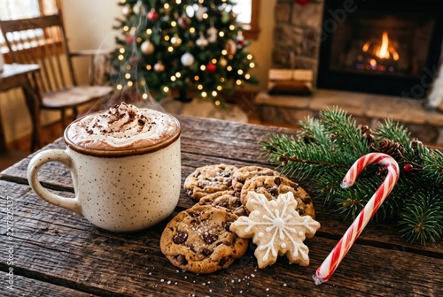 Steaming hot chocolate mug with whipped cream beside chocolate chip cookies on a rustic wooden table, cozy fireplace and lit Christmas tree background, seasonal holiday warmth