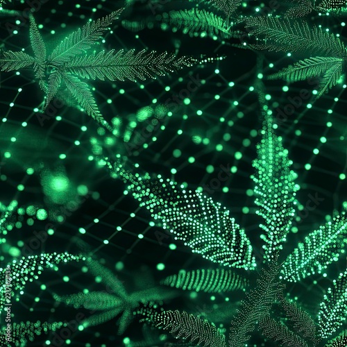 Abstract digital artwork featuring glowing green hemp leaf shapes formed by luminous dots and network connections on dark background technology pattern