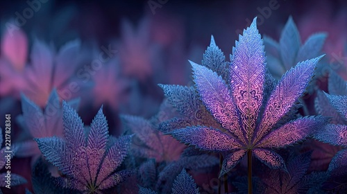 Neon cannabis leaf artwork with ornate mandala patterns glowing in purple and pink over blurred atmospheric foliage, spiritual awakening background design