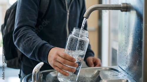 A person stands at a water fountain in a public area and fills a reusable bottle with drinking water.