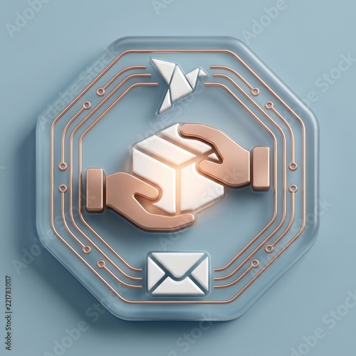 3D rendering of hands exchanging package with shopping and email icons