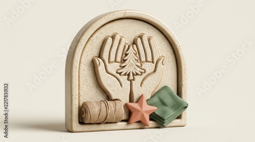 3D decorative object with hands holding a tree and seasonal elements