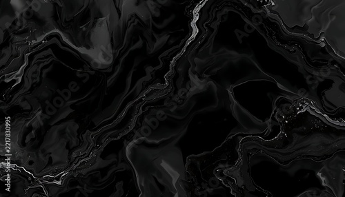 Luxurious Abstract Black Liquid Marble Background with Elegant Flowing Silver Veins, Swirl Waves, and Premium Texture