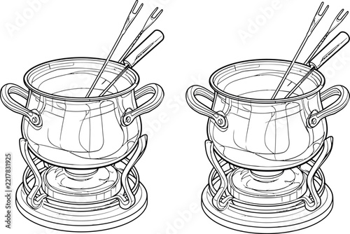 Fondue pot vector outline drawing set showing dual kitchen cookware