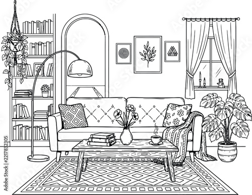 Room line art illustration of a modern cozy living space