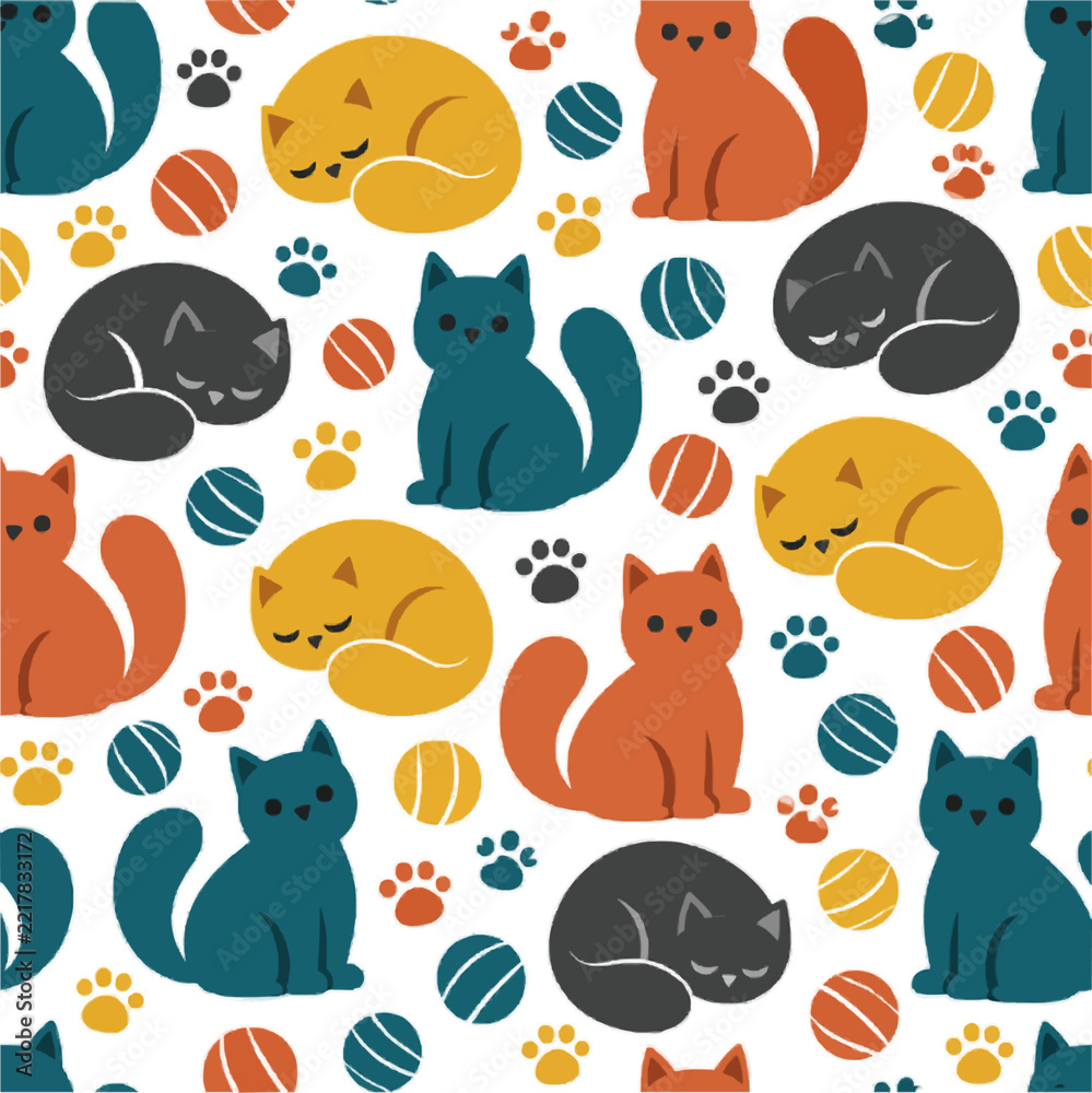 Fototapeta premium Cozy Cats vector illustration collection with rounded sitting cats, curled sleeping cats, small paw prints and chunky toy balls