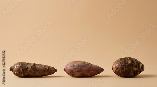 Three Different Varieties of Raw Root Vegetables Displayed in a Minimalist Horizontal Line