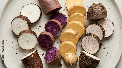 Vibrant Assortment of Freshly Sliced Root Vegetables, Including Purple Sweet Potato and Taro, Artfully Arranged for Culinary Use