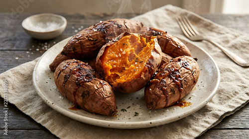 Delicious grilled sweet potatoes seasoned with herbs on a rustic plate