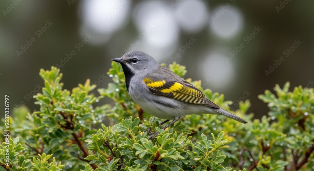 Fototapeta premium A small colorful songbird perched on lush green bush in the garden