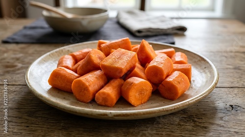 Freshly sliced carrots in white bowl on wooden table.