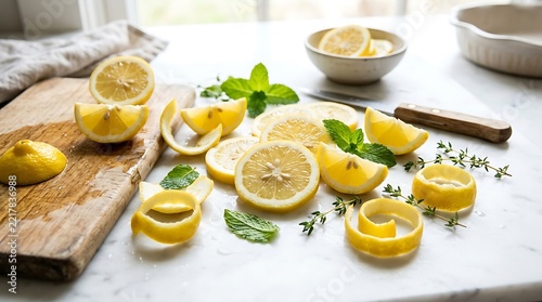Freshly sliced lemon and lime on cutting board with knife.