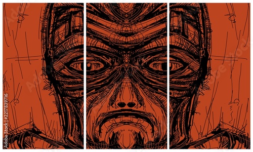 Abstract face. Triptych. Abstract image for printing. Picture for modern interiors. The picture is painted by hand on a tablet.