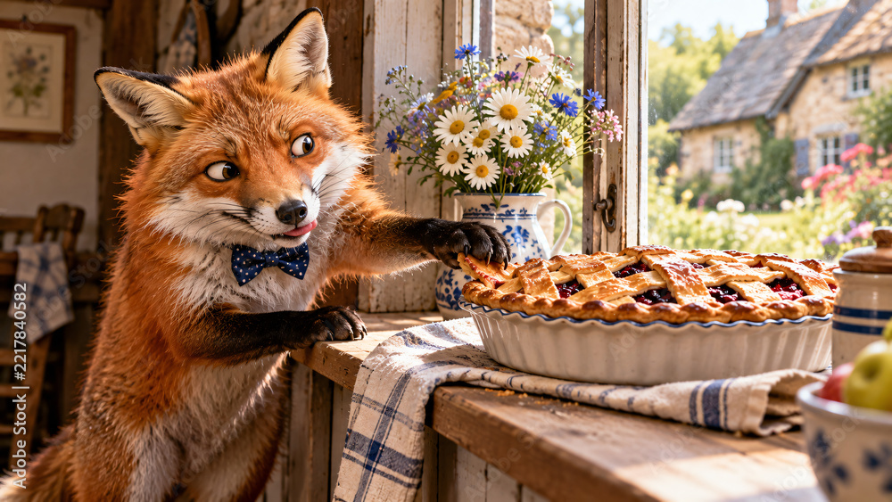 Fototapeta premium Whimsical storybook-inspired scene of a curious red fox reaching toward a freshly baked cherry pie on a rustic wooden table beside a sunlit cottage window