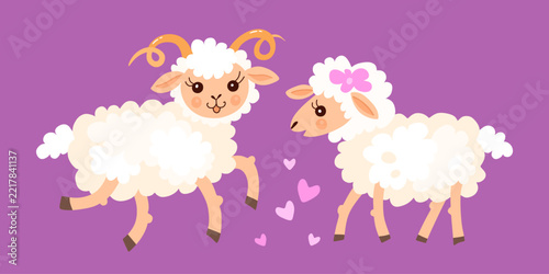 Romantic card with cute ram and sheep and pink hearts. 
