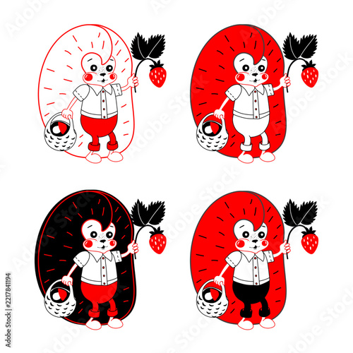 Set of stylized hedgehogs with strawberry and basket in black, red and white colors