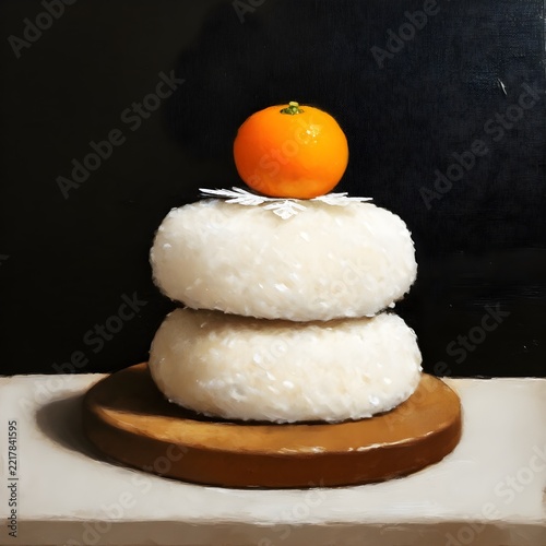 Oil painting of kagami mochi topped with a mandarin orange