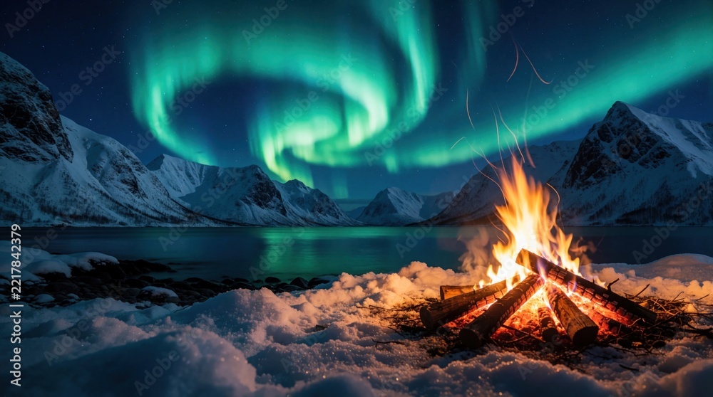 Fototapeta premium Bright aurora borealis lights dance over snowy mountains, calm lake at night. Small campfire burns in white snow on rocky shore. Warm flames, golden embers glow against cold winter landscape under