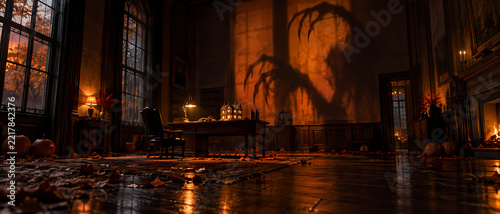 Dark luxury home interior decorated with pumpkins and warm orange lighting, while a giant monster claw shadow stretches across the wall, creating a dramatic haunted Halloween real estate atmosphere