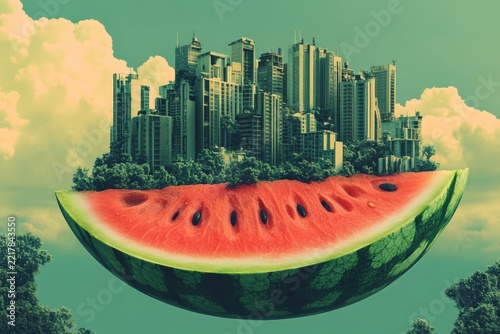 Surreal urban landscape with watermelon cityscape