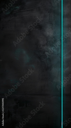 Dark grunge concrete wall with vertical glowing cyan neon light strip on the right