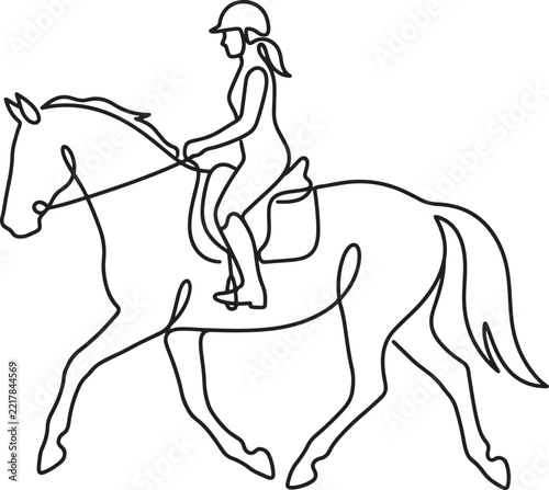 Continuous line drawing of a woman riding a horse in a minimalist