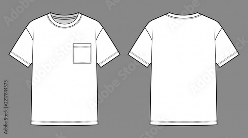 T-shirt flat sketch vector template. Front and back views with chest pocket detail. Technical fashion drawing for apparel manufacturing, garment design, and clothing production mockups.