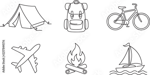 Set of travel and outdoor adventure icons drawn in a continuous