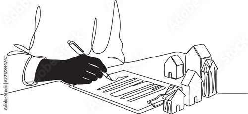 Continuous line drawing of a hand signing a real estate contract with