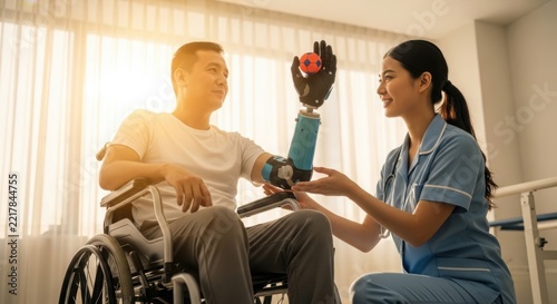 Woman assisting man using robotic arm with flowers