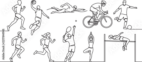 Set of black line art silhouettes depicting various sports activities