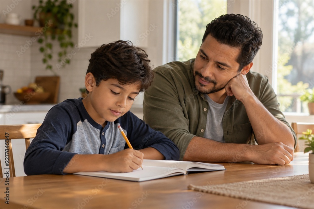 Fototapeta premium Father supporting his son with homework at the kitchen table