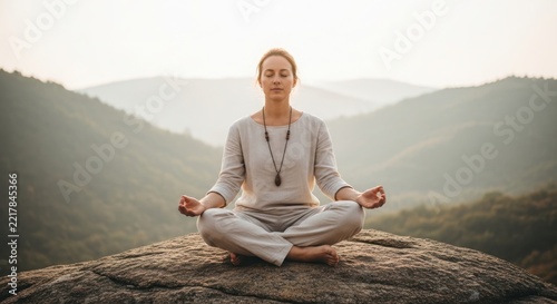 Woman meditating cross-legged outdoors with laptop on lap