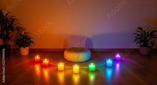 Chakra Candles for Meditation: A spiritual arrangement of seven chakra candles glows in vibrant rainbow colors, casting a warm ambiance around a meditation cushion.
