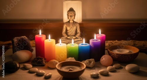 Buddha Statue Amidst Rainbow Candles: A serene Buddha statue is illuminated by a vibrant spectrum of rainbow-colored candles, creating a peaceful and spiritual ambiance for meditation and reflection.