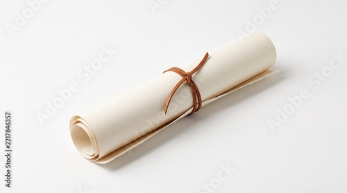 Rolled parchment paper scroll tied with a brown leather cord on white background