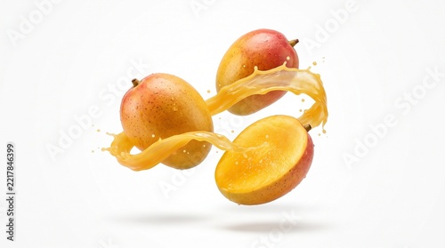 Fresh Ripe Mango Fruits Floating with Dynamic Tropical Juice Splash on Isolated White Background