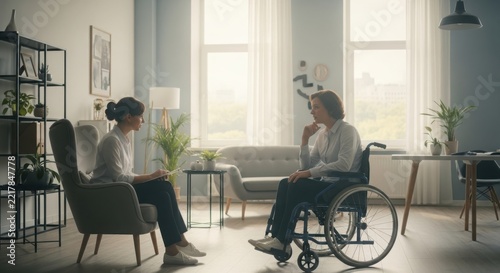 Woman talking to person in wheelchair in modern office