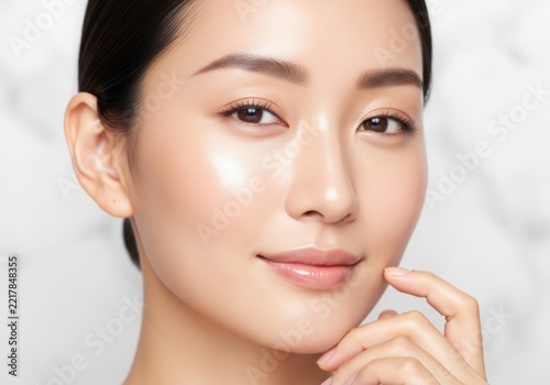 Woman with glowing skin and hand on chin