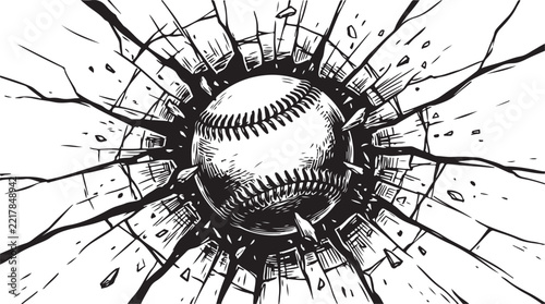 Baseball bursting through cracked concrete wall with dynamic impact and destruction