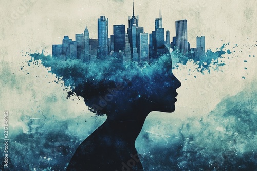 Silhouette of woman with cityscape in hair – urban imagination art