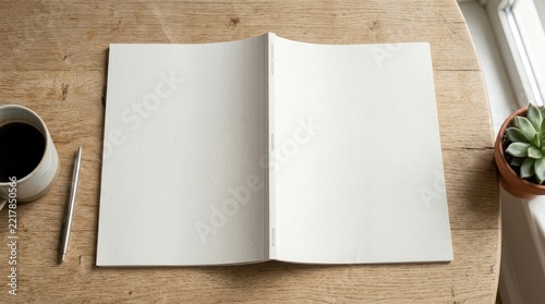 Blank Open Magazine or Notebook Mockup on Wooden Table with Coffee and Plant