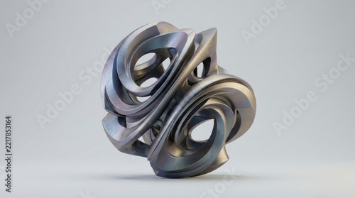 Futuristic Abstract 3D Metal Sculpture with Iridescent Finish, Modern Geometric Art Object Isolated on Grey Background