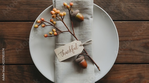Thankful Place Card On White Ceramic Plate With Linen Napkin Acorns And Autumn Berries
