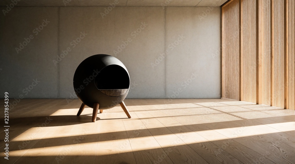 Fototapeta premium Minimalist modern living room with spherical black fireplace on wooden floor. Warm sunlight creates long shadows from timber slats. Contemporary interior design features concrete walls, zen aesthetic