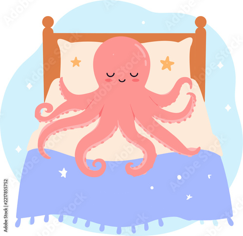 Cute Pink Octopus Sleeping Peacefully in a Cozy Bed with Starry Details for Nursery Decor and Bedtime Stories Illustration