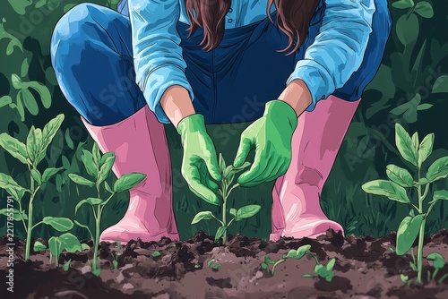 Woman gardening with pink boots and green gloves in vibrant vegetable patch