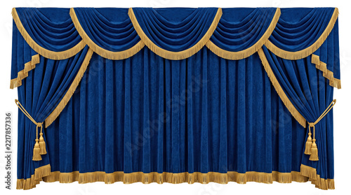 Luxurious blue velvet stage drapes with gold trim and tassels during a theatrical performance Isolated on transparent background